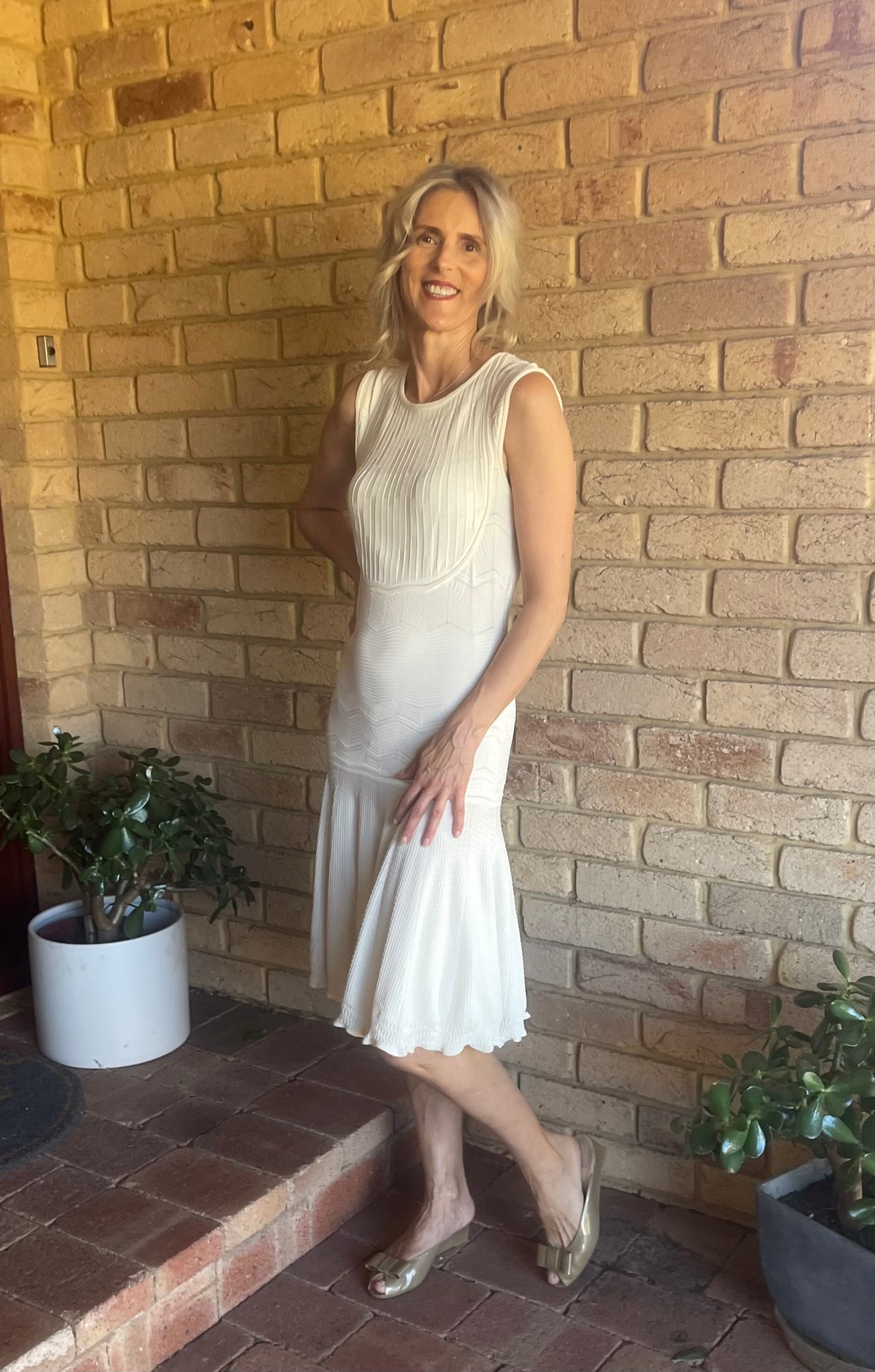 Silk Blend Crochet Knit Drop Waist Bib Dress, Ivory, Size M The Op Style Boutique Silk Blend Crochet Knit Drop Waist Bib Dress, Ivory, Size M The Op Style Boutique