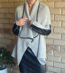 Dex Asymmetric Knit Jacket with Faux Leather Sleeves – Size