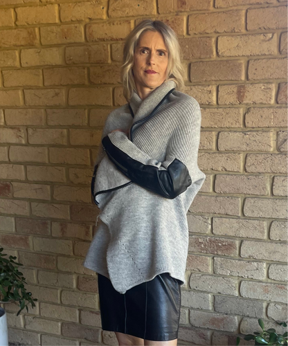 Dex Asymmetric Knit Jacket with Faux Leather Sleeves – Size