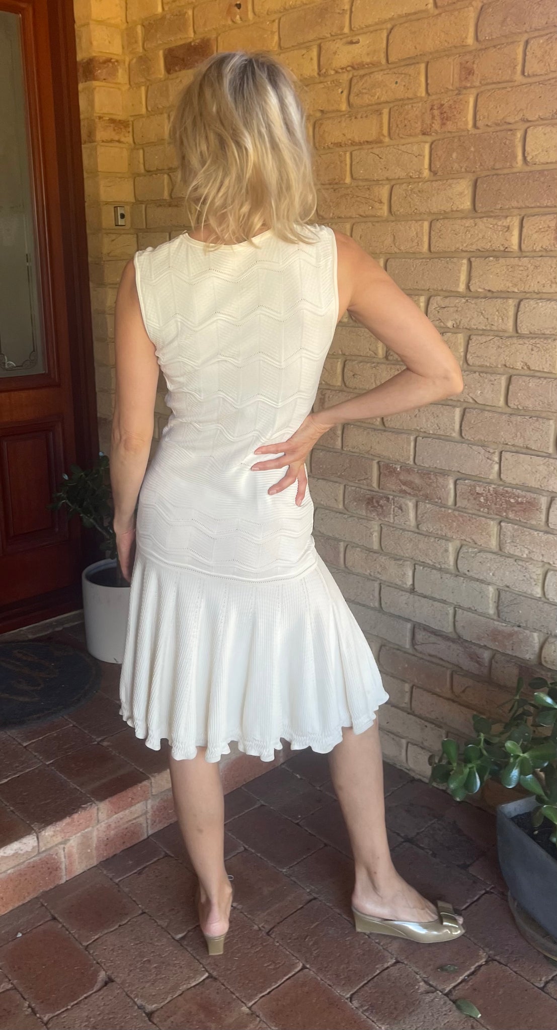 Silk Blend Crochet Knit Drop Waist Bib Dress, Ivory, Size M The Op Style Boutique Silk Blend Crochet Knit Drop Waist Bib Dress, Ivory, Size M The Op Style Boutique