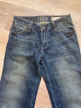 Load image into Gallery viewer, Gap 1969 Ultra Low Rise Flare Jeans, Medium Blue Wash, Size 0