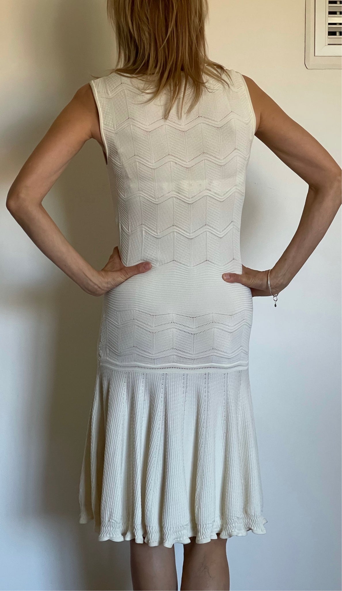 Silk Blend Crochet Knit Drop Waist Bib Dress, Ivory, Size M The Op Style Boutique Silk Blend Crochet Knit Drop Waist Bib Dress, Ivory, Size M The Op Style Boutique