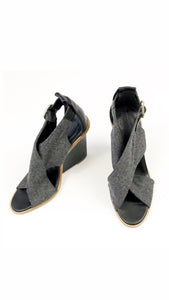 Zara Woman Grey Felt Open Toe Wedge, Size 38