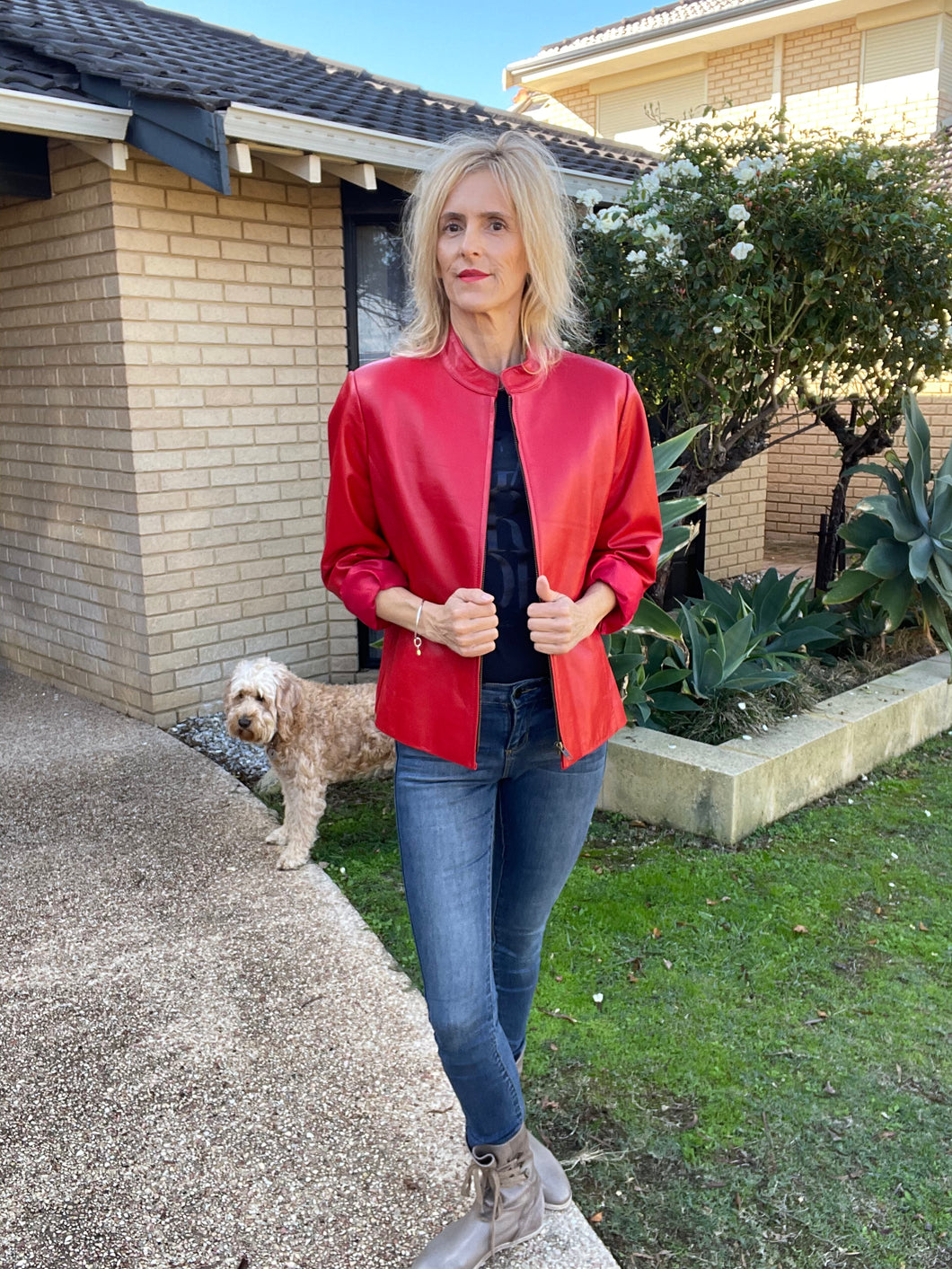 Leather Box Jacket, Red, Size L