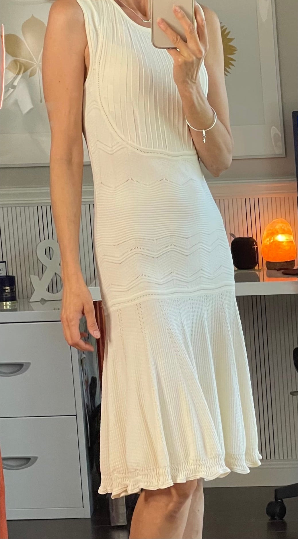 Silk Blend Crochet Knit Drop Waist Bib Dress, Ivory, Size M The Op Style Boutique Silk Blend Crochet Knit Drop Waist Bib Dress, Ivory, Size M The Op Style Boutique