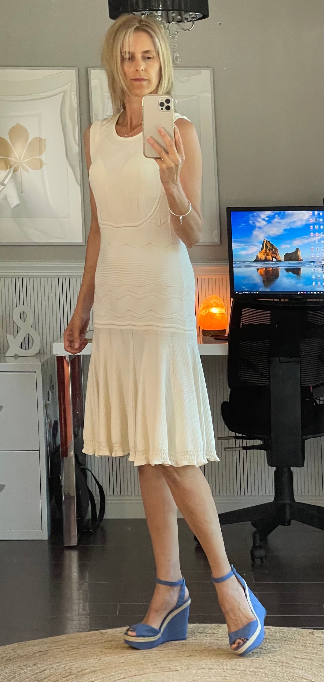 Silk Blend Crochet Knit Drop Waist Bib Dress, Ivory, Size M