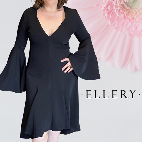 Ellery ‘Charlotte’ Bell Sleeve Godet Dress, Black, Size 14