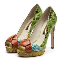 Load image into Gallery viewer, Rupert Sanderson Python Platform Peep Toe Heels, Size 38