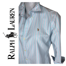 Load image into Gallery viewer, Ralph Lauren Oxford Knit Shirt, Blue/Pink Stripe, Size 12